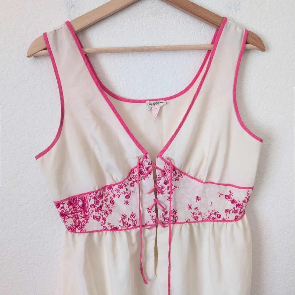 VTG 70s Saks Fifth Ave Cream‎ Pink Floral Lace Up Maxi Dress 34 Large Coquette - Picture 8 of 8